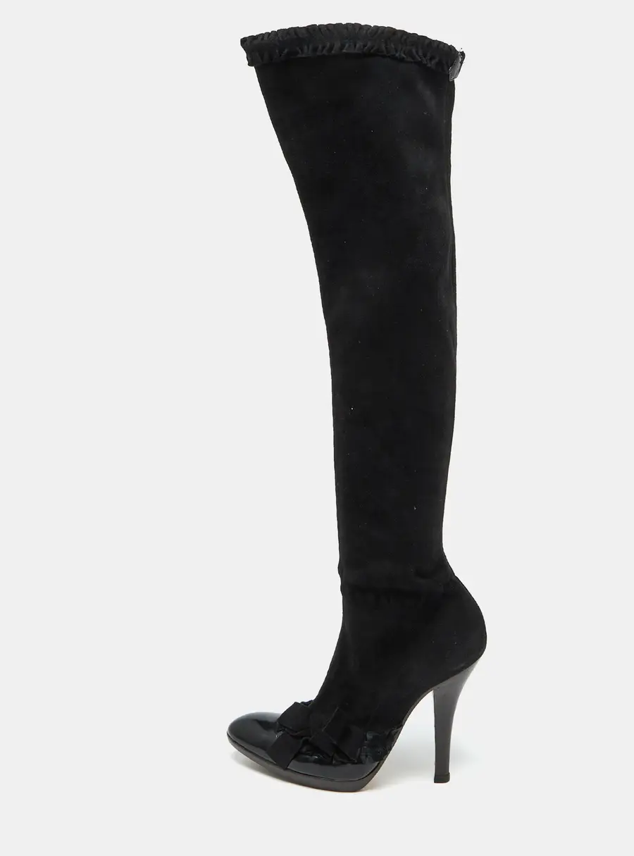 Yves Saint Laurent Black Suede and Patent Leather Knee Length Boots Size 38