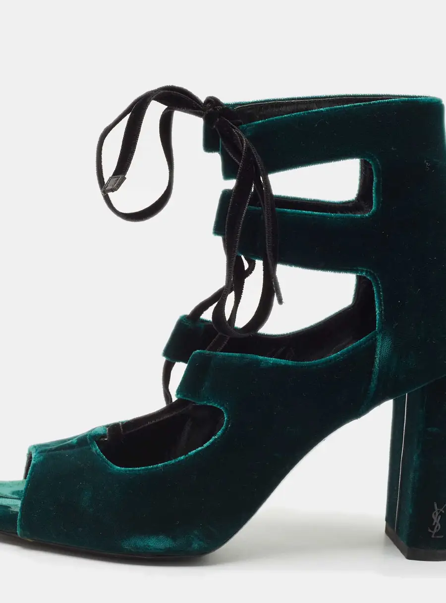 Saint Laurent Dark Green Velvet Loulou Open Toe Lace Up Block Heel Pumps Size 37.5