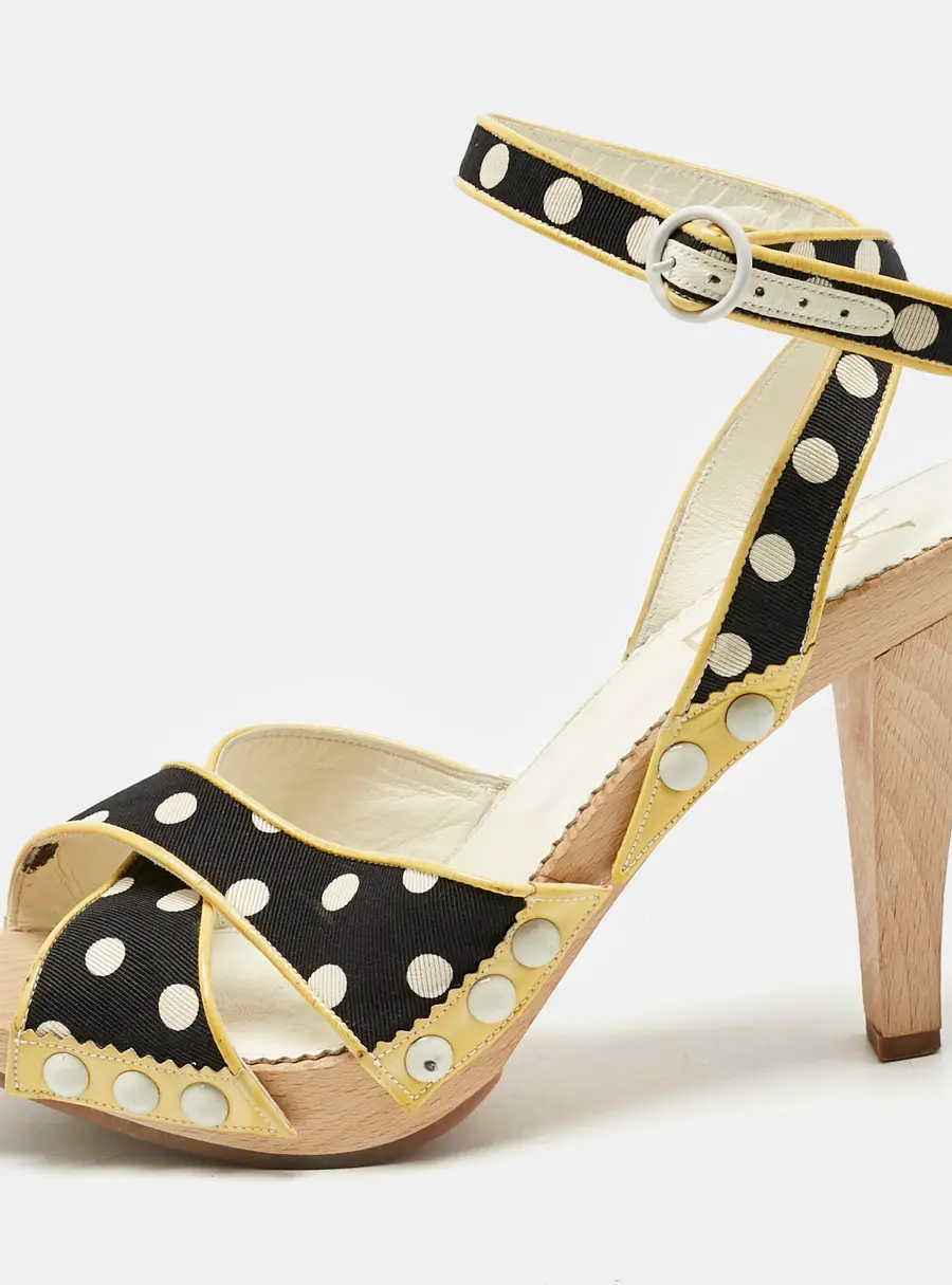 Saint Laurent Cream/Black Polka Dot Printed Fabric And  Leather Wooden Sandals Size 39