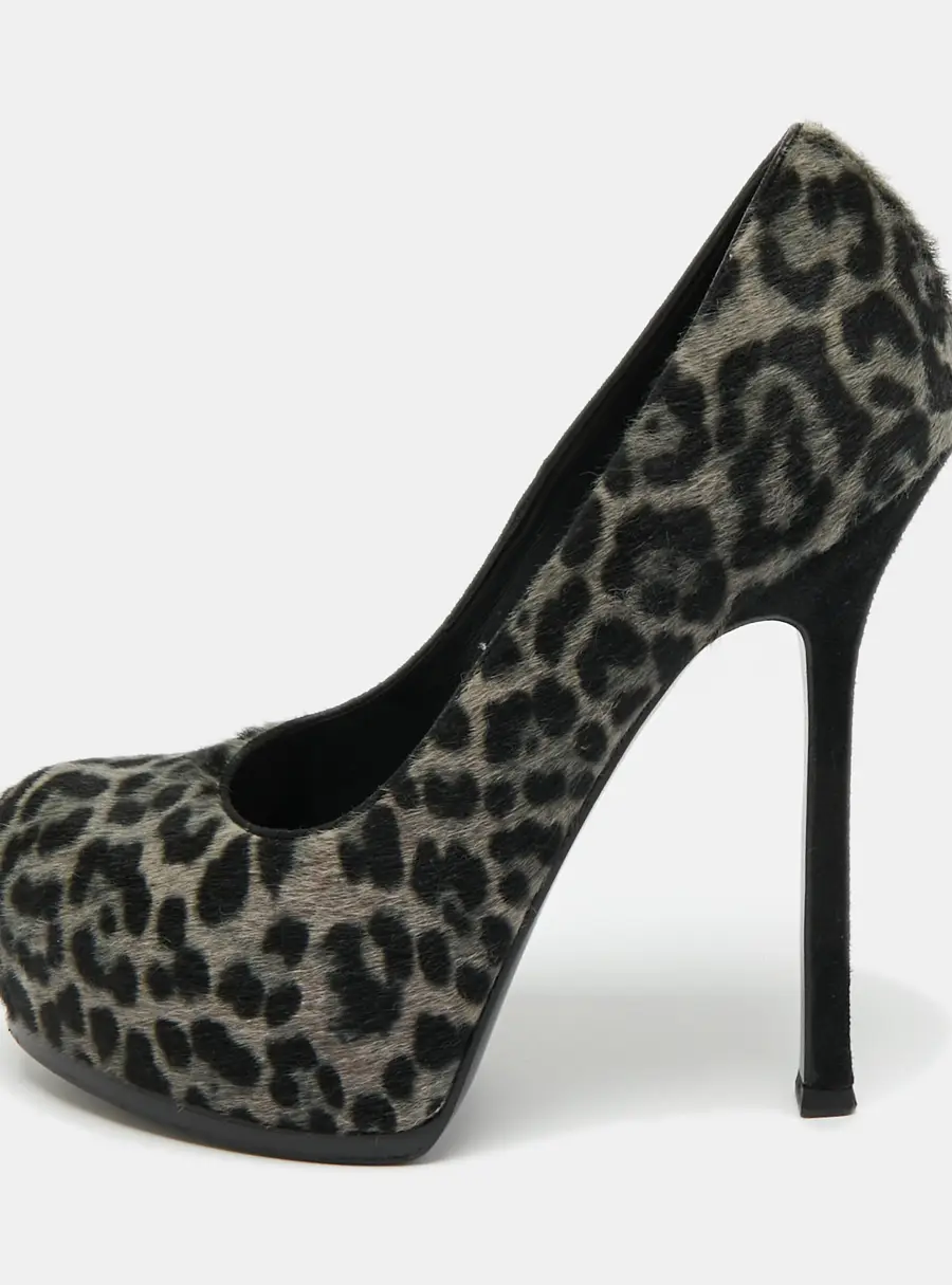 Saint Laurent Grey/Black Leopard Print Calf Hair Platform Pumps Size 36.5