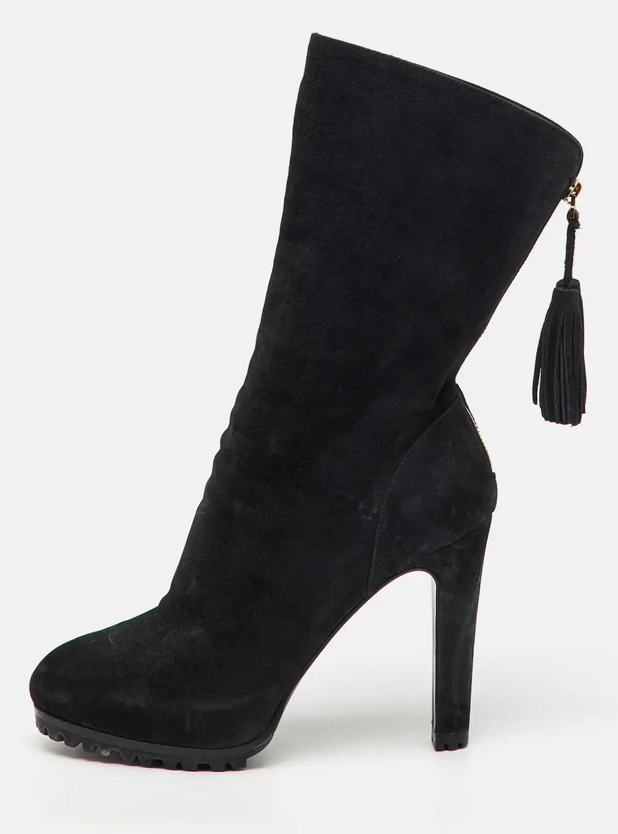 Yves Saint Laurent Black Nubuck Leather Tassel Mid Calf Platform Boots Size 37.5