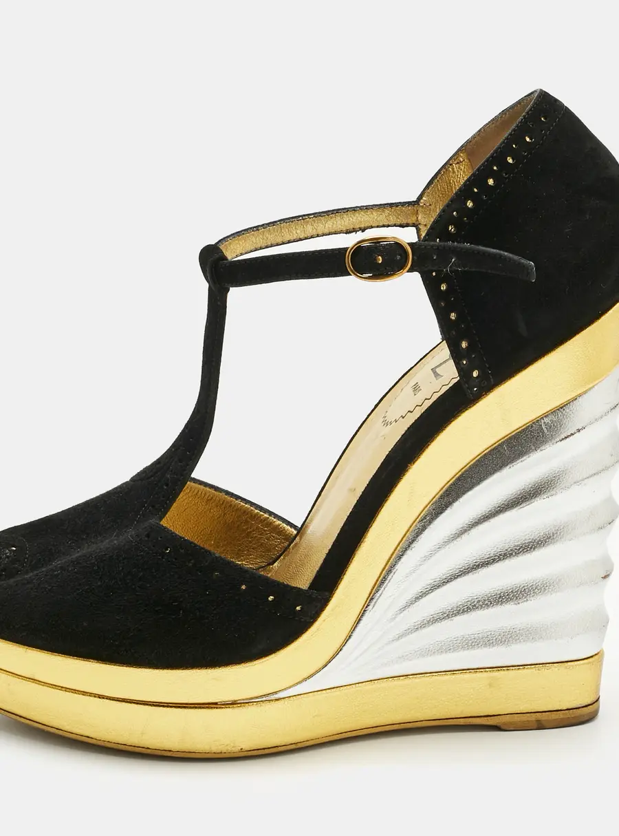 Yves Saint Laurent Black Suede Wedge Pumps Size 38
