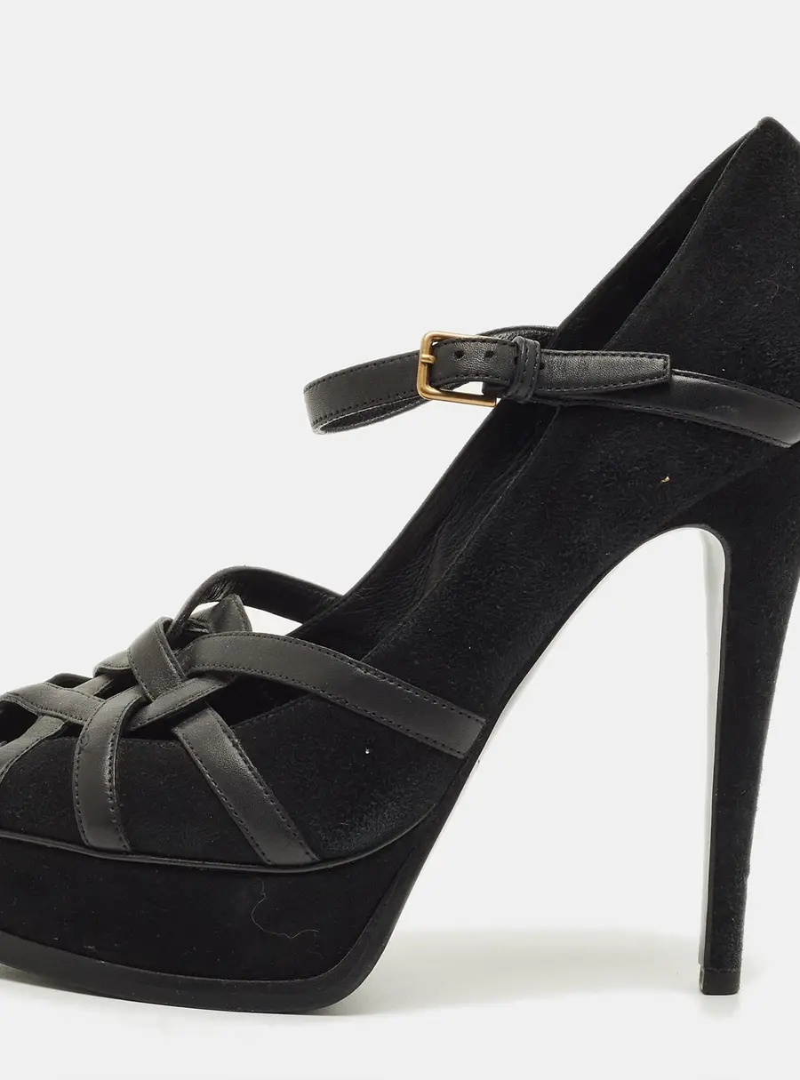 Yves Saint Laurent Size 38 Black Leather and Suede Strappy Platform Pumps