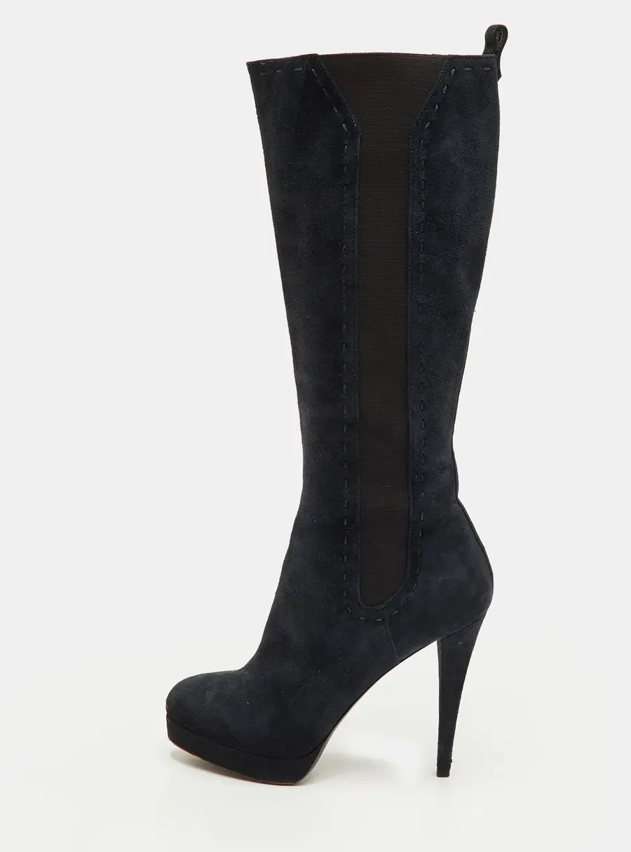Yves Saint Laurent Size 36.5 Navy Blue Suede Platform Calf Length Boots