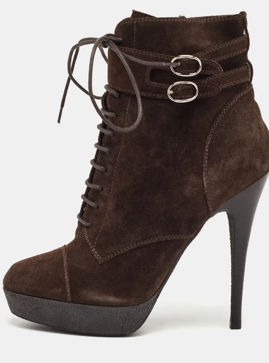 Yves Saint Laurent Size 36.5 Dark Brown Suede Lace Up Platform Ankle Length Boots