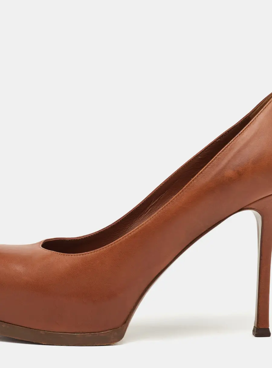 Yves Saint Laurent Tribtoo Size 38.5 Brown Leather Platform Pumps