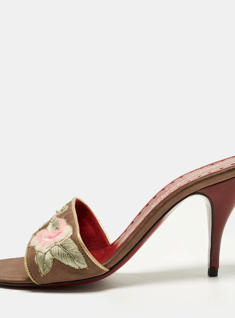 Yves Saint Laurent Size 37.5 Brown Satin Embroidered Slide Sandals