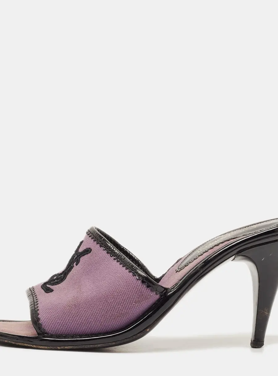 Yves Saint Laurent Size 38 Purple/Black Canvas and Patent Leather Logo Slide Sandals