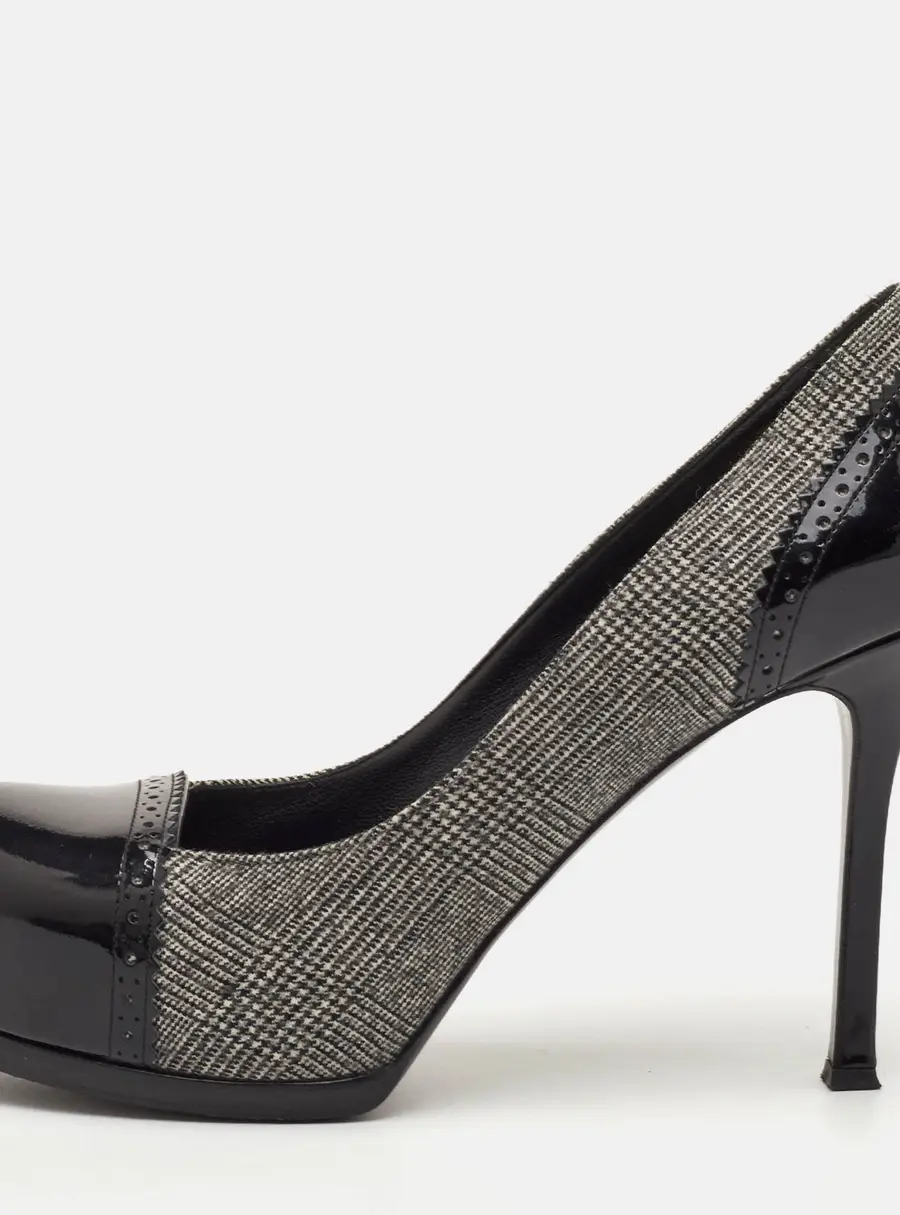 Yves Saint Laurent Tribtoo Size 37.5 Black Check Fabric and Patent Leather Platform Pumps