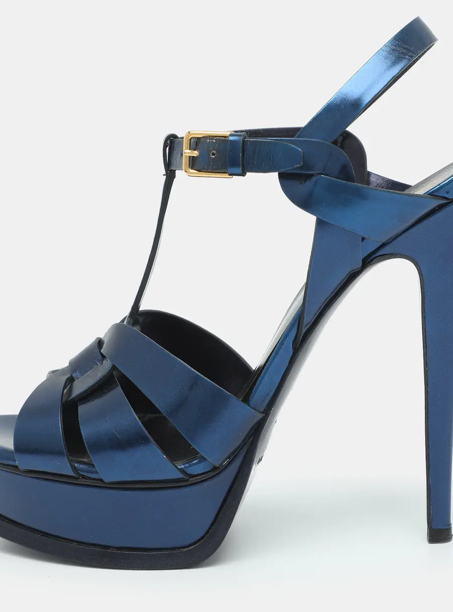 Yves Saint Laurent Tribute Size 38.5 Metallic Blue Leather Ankle Strap Sandals