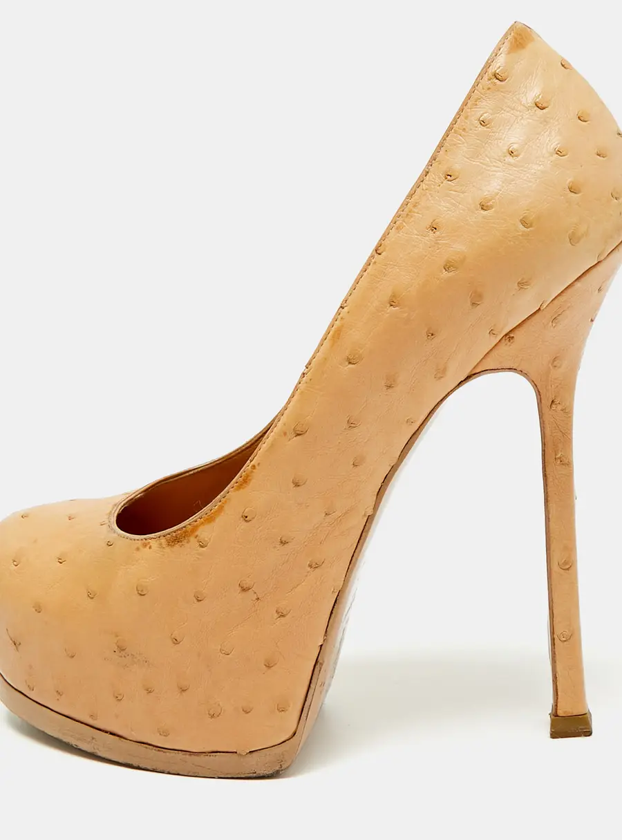 Yves Saint Laurent Tribtoo Size 37 Tan Ostrich Leather Platform Pumps