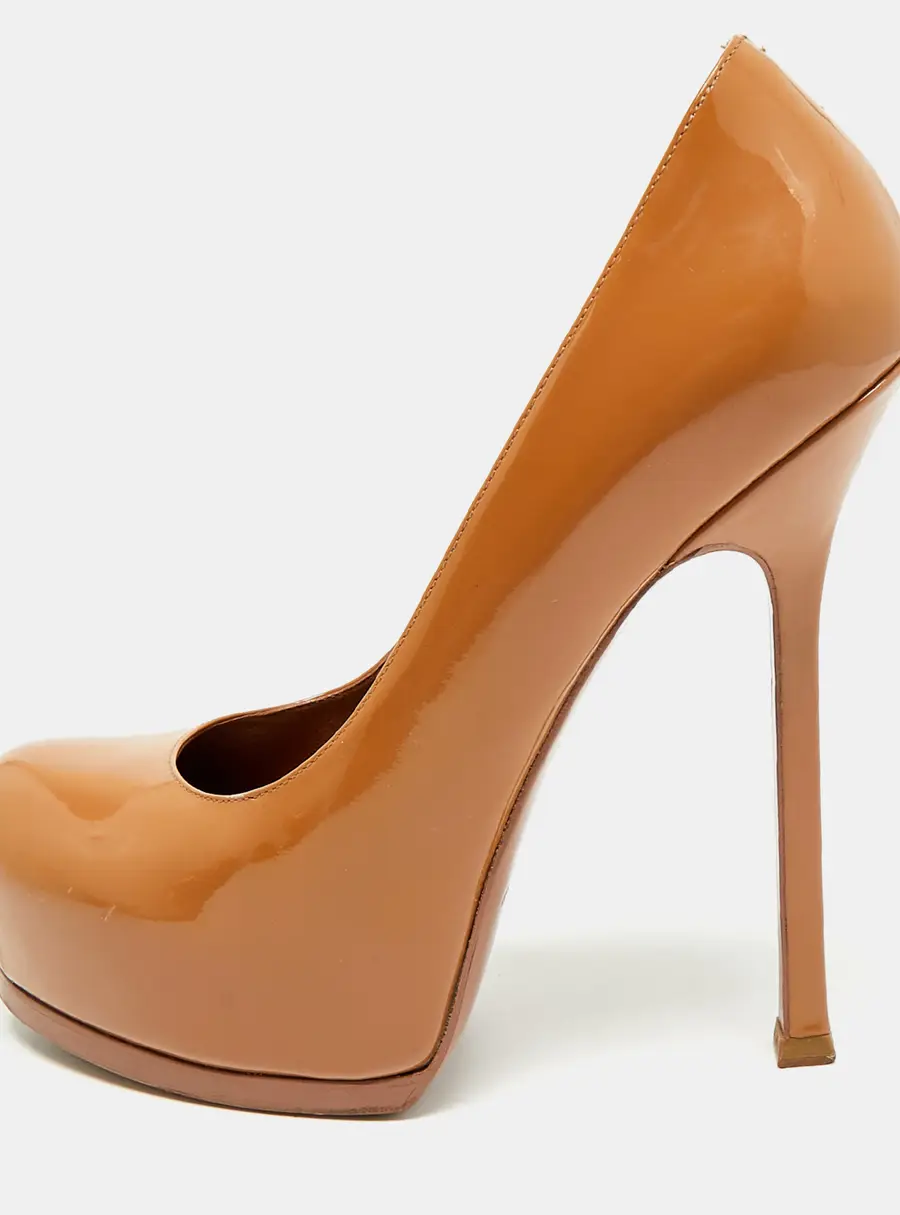 Yves Saint Laurent Tribtoo Size 37 Camel Brown Patent Leather Platform Pumps