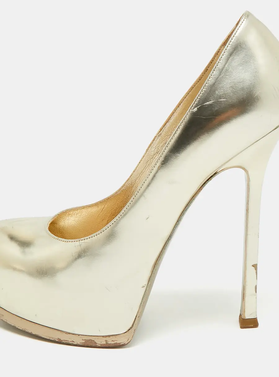 Yves Saint Laurent Tribtoo Size 37 Metallic Gold Leather Platform Pumps