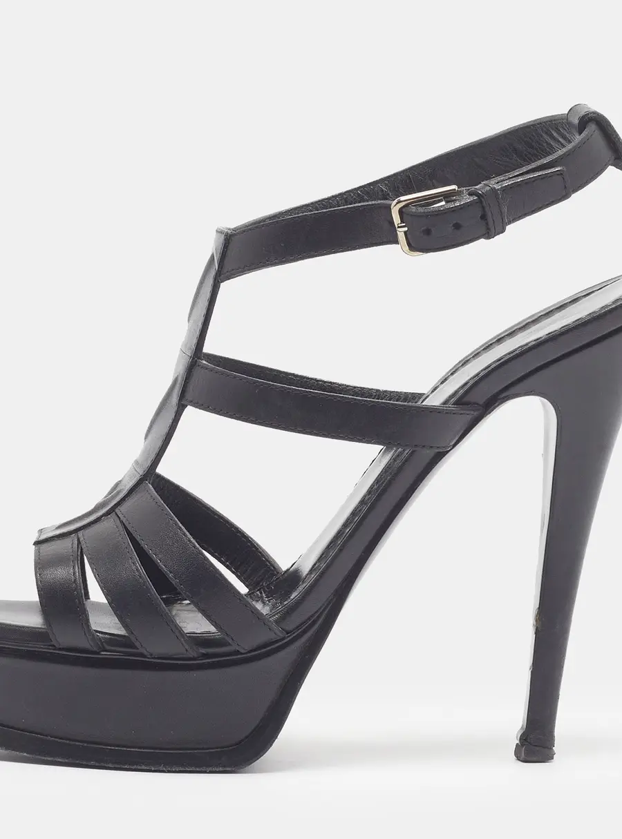 Yves Saint Laurent Tribute Size 38.5 Black Leather Platform Sandals