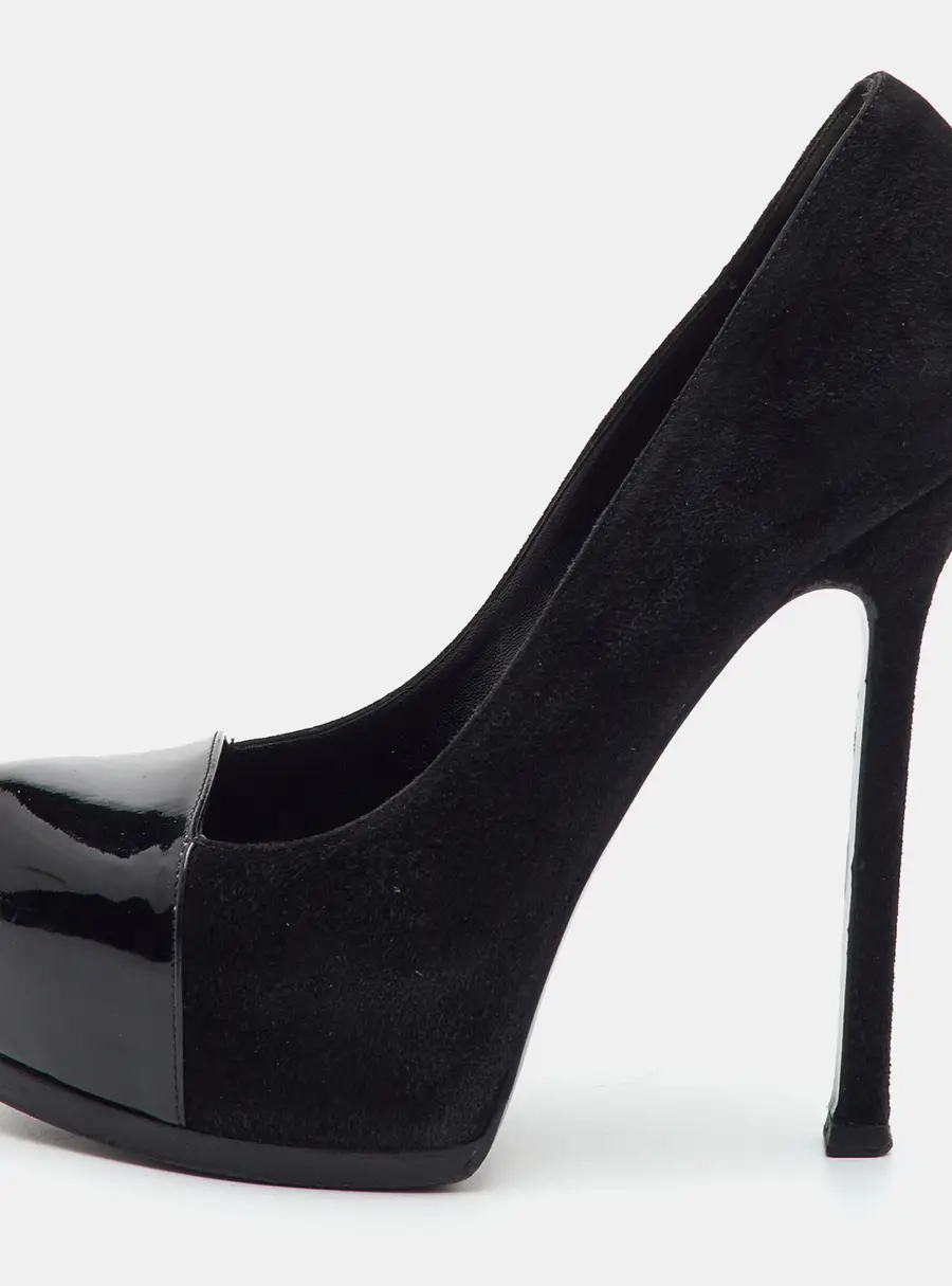 Yves Saint Laurent Size 36 Black Suede and Patent Leather Cap Toe Platform Pumps
