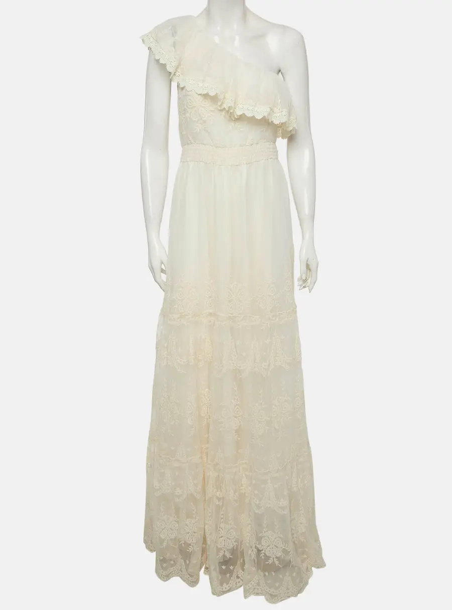 Y.A.S Beige Floral Lace One-Shoulder Yasfeeleloise Maxi Dress M