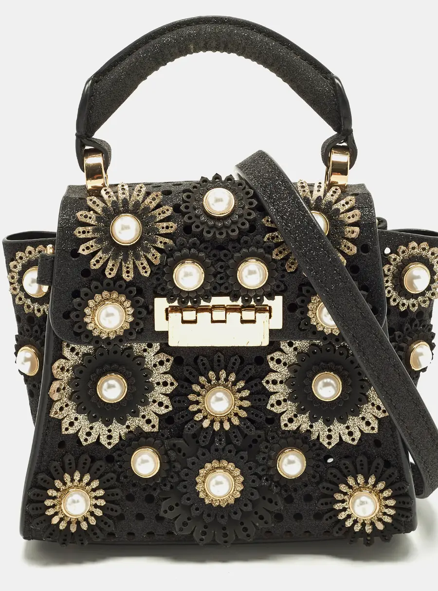 Zac Posen Eartha Iconic Mini Black Faux Pearl Glittery Leather Top Handle Bag