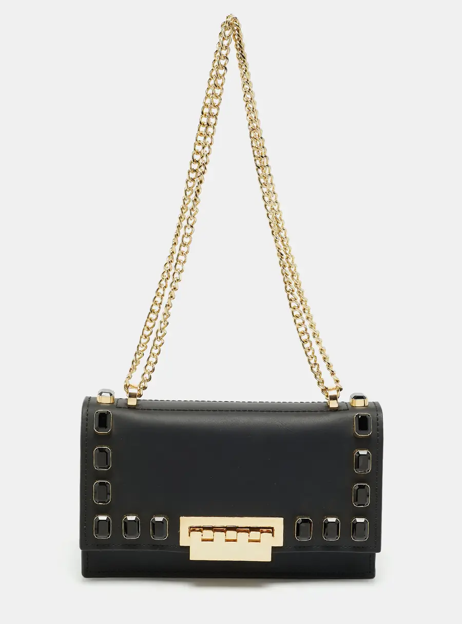Zac Zac Posen Earthette Crystal Embellished Black Faux Leather Flap Shoulder Bag