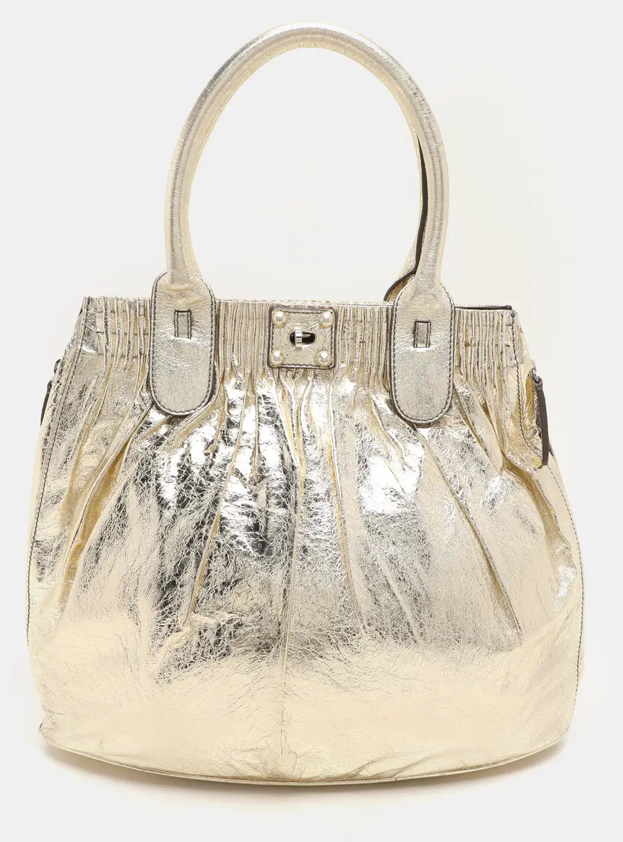 Zagliani Gold Crinkled Leather Side Zip Detail Tote