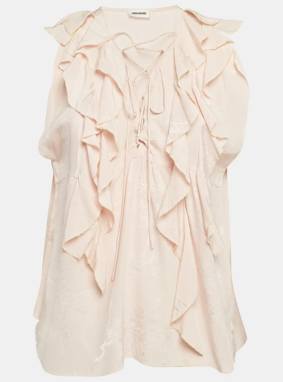 Zadig & Voltaire Pink Floral Jacquard Ruffled Time Lace-Up Top L