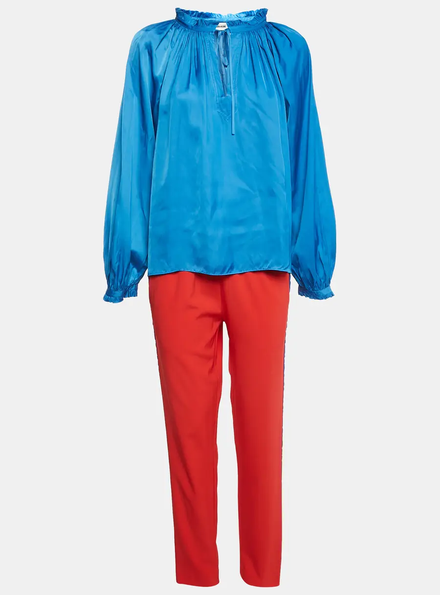 Zadig & Voltaire Blue Satin Ruffled Top and Pants Set L