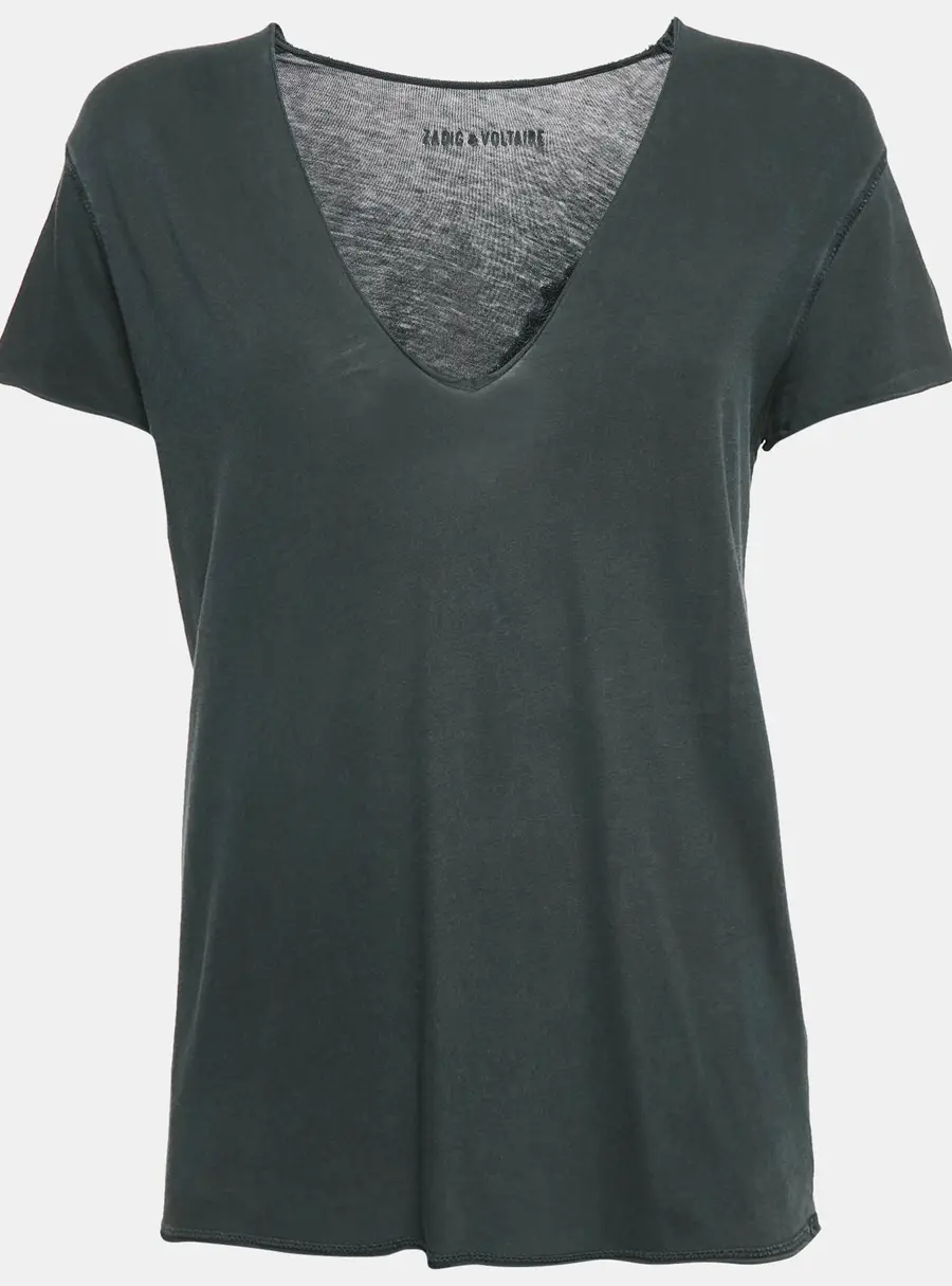 Zadig & Voltaire Charcoal Grey Cotton Knit V-Neck Story Fishnet Top S