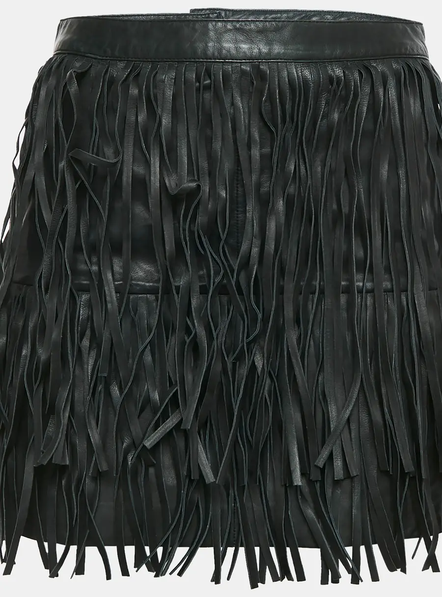 Zadig & Voltaire Black Leather Fringed Mini Skirt S