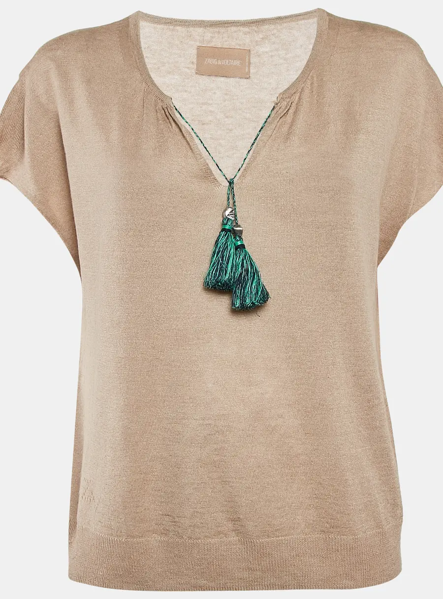 Zadig & Voltaire Beige Linen Knit Tie-Up Detail Card Top S