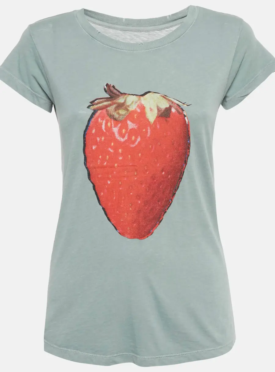 Zadig & Voltaire Green Strawberry Print Cotton Blend Distressed T-Shirt S