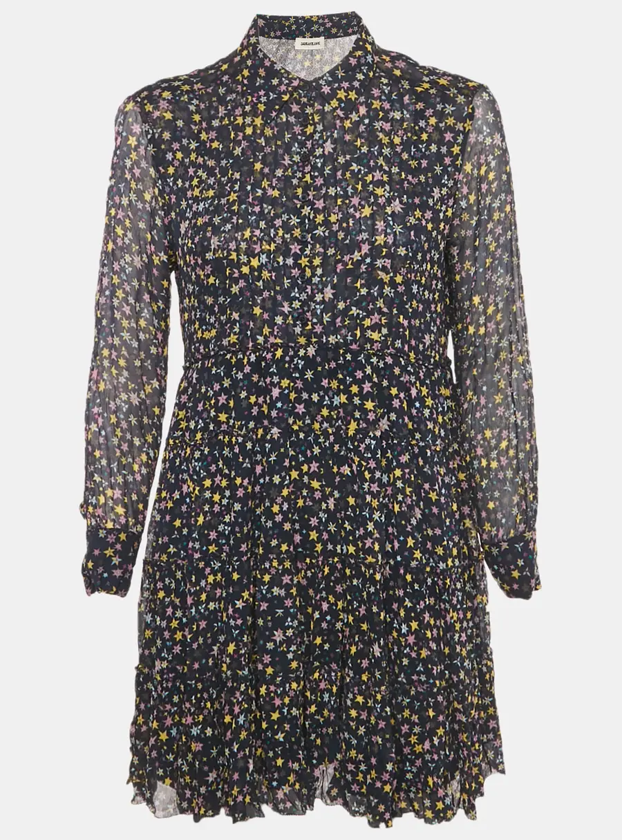 Zadig & Voltaire Navy Blue Rapidy Crinkle Printed Chiffon Mini Dress XS