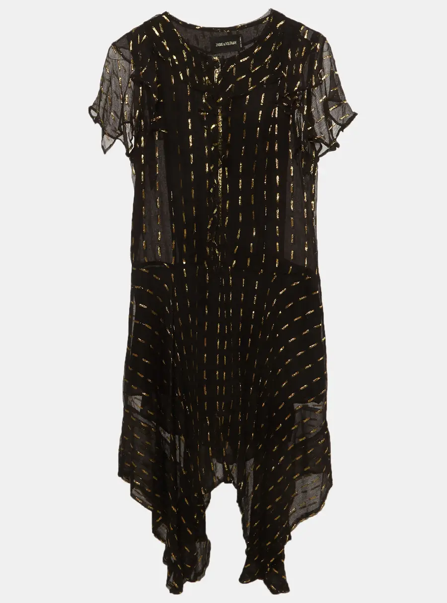 Zadig and Voltaire Black and Gold Crepe Rool Shiny Ruffled Dress S