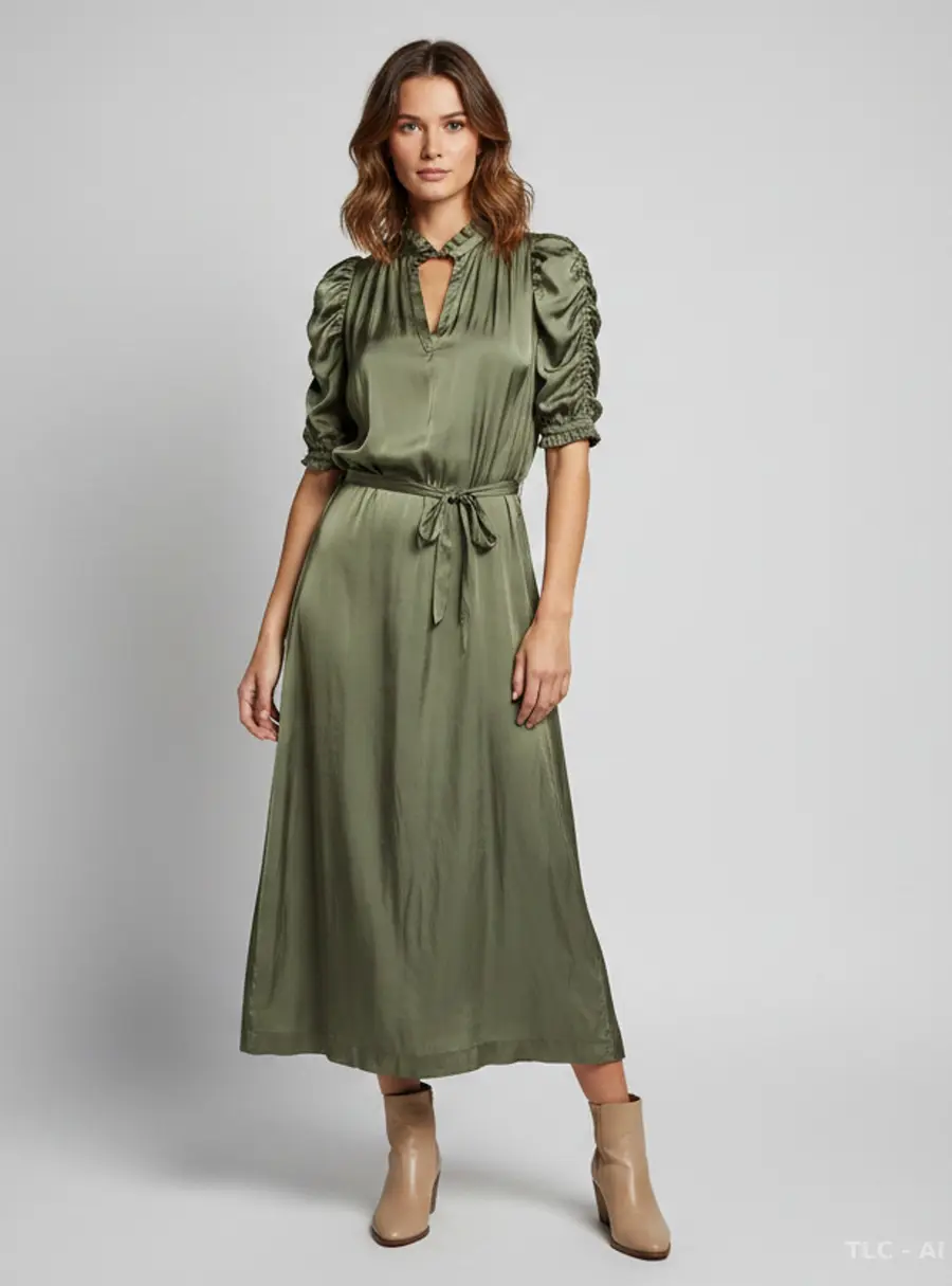 Zadig & Voltaire Olive Green Satin Ray Puff Sleeve Midi Dress L