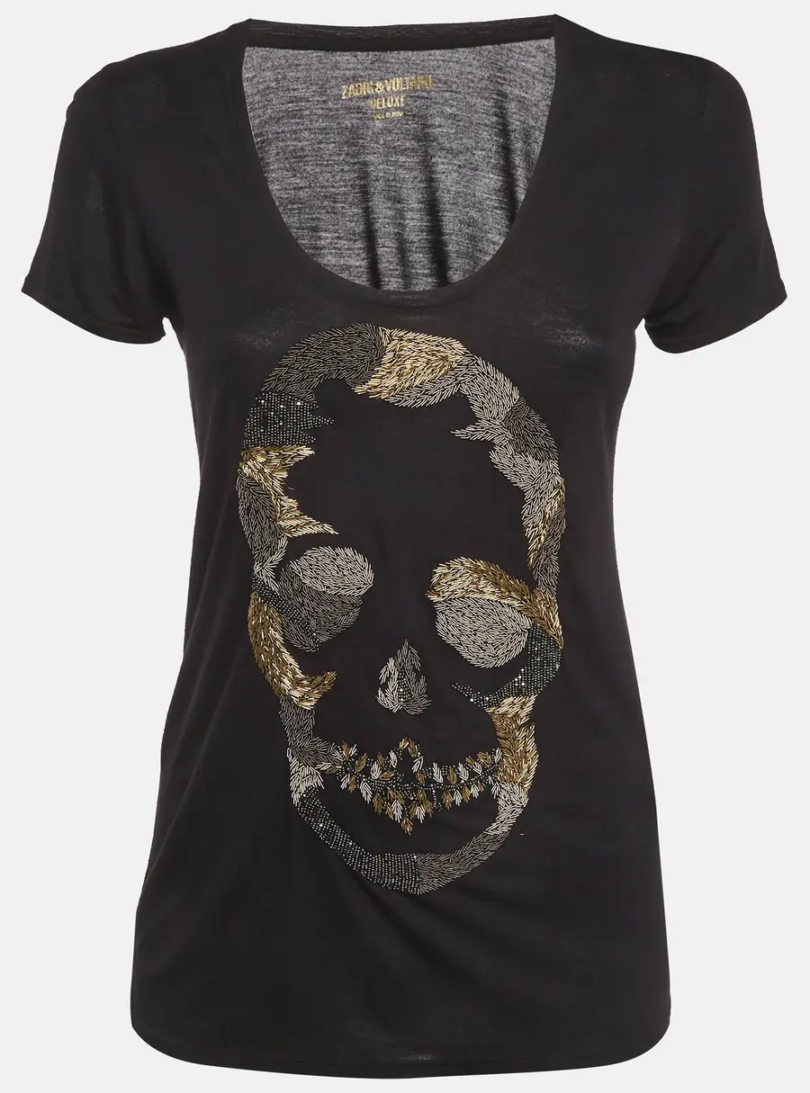 Zadig & Voltaire Deluxe Black Skull Bead Embellished Jersey T-Shirt S
