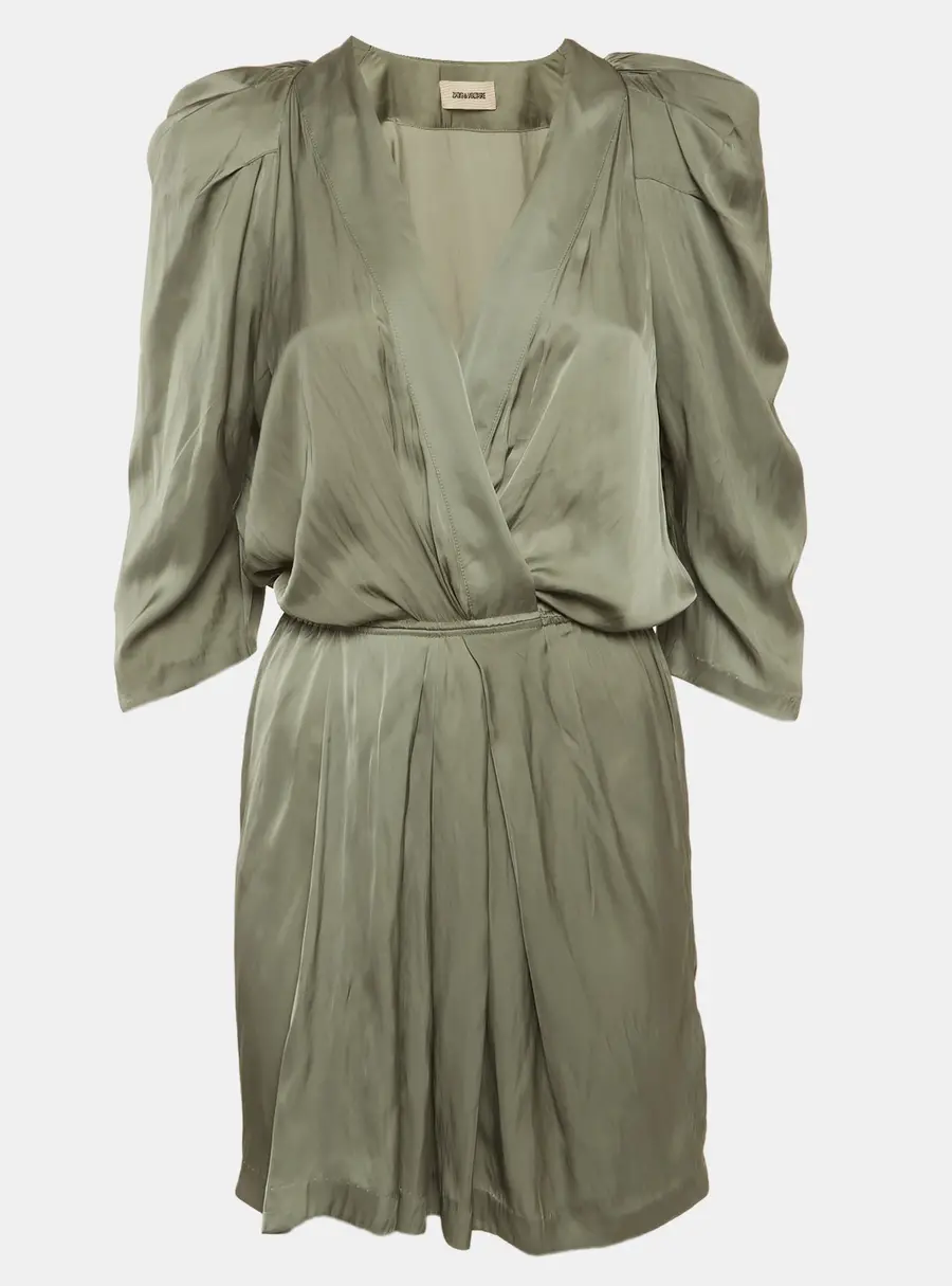 Zadig & Voltaire Green Riz Satin Plunge Neck Mini Dress S