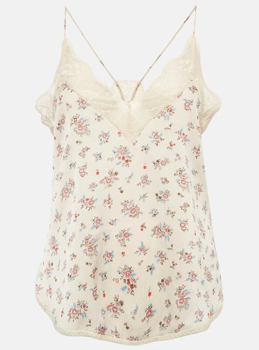 Zadig & Voltaire Cream Floral Print Pliss&eacute; Lace Trim Christy Camisole XS