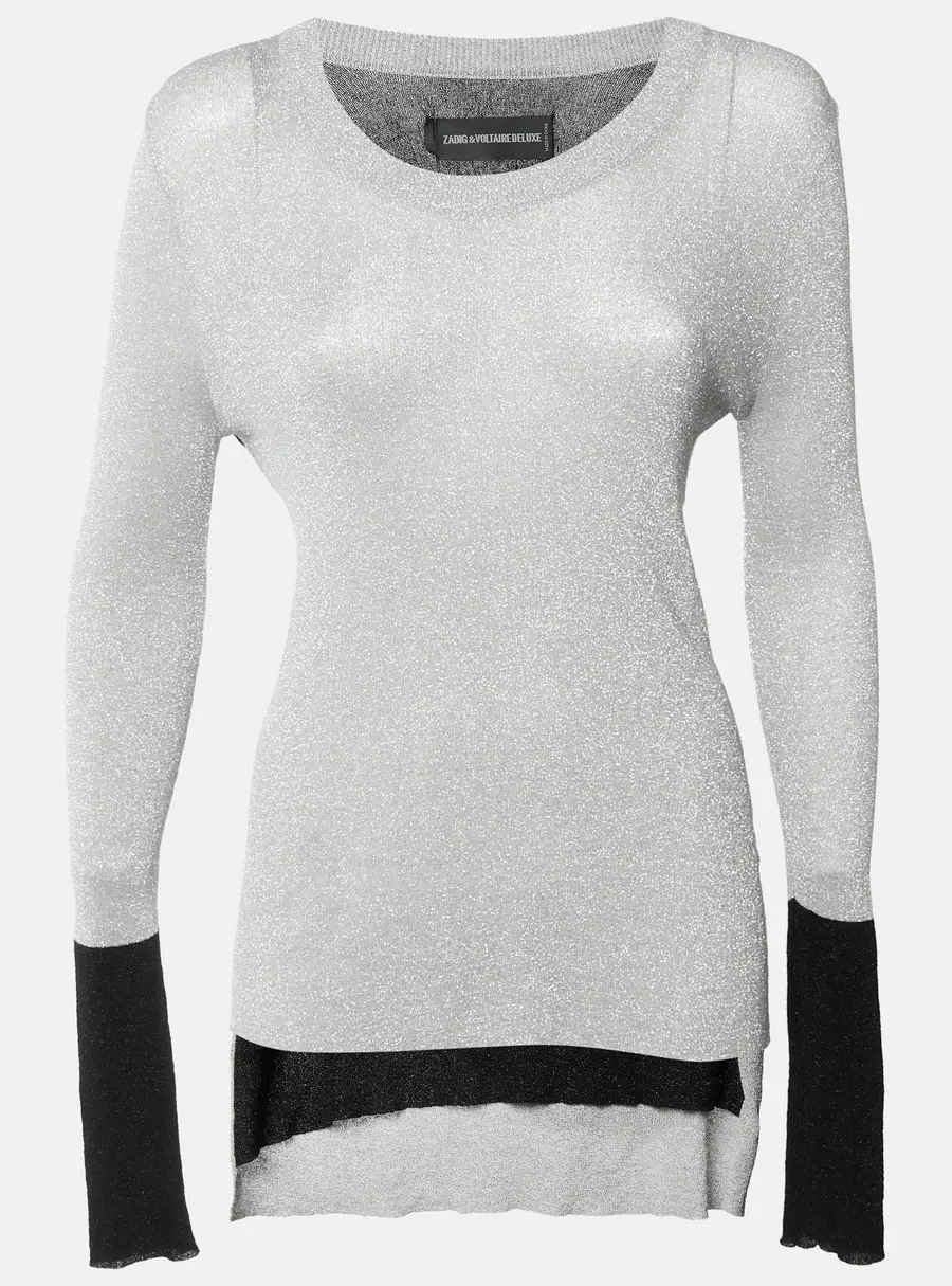 Zadig & Voltaire Silver/Black Lurex Knit Lame Long Sleeve Lucky Top L