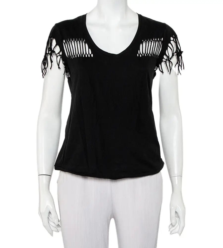 Zadig & Voltaire Black Cotton Scoop Neck Wanda Fringes T-Shirt XS