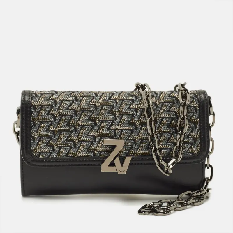 Zadig & Voltaire Le City Black Printed Fabric and Leather Wallet On Chain