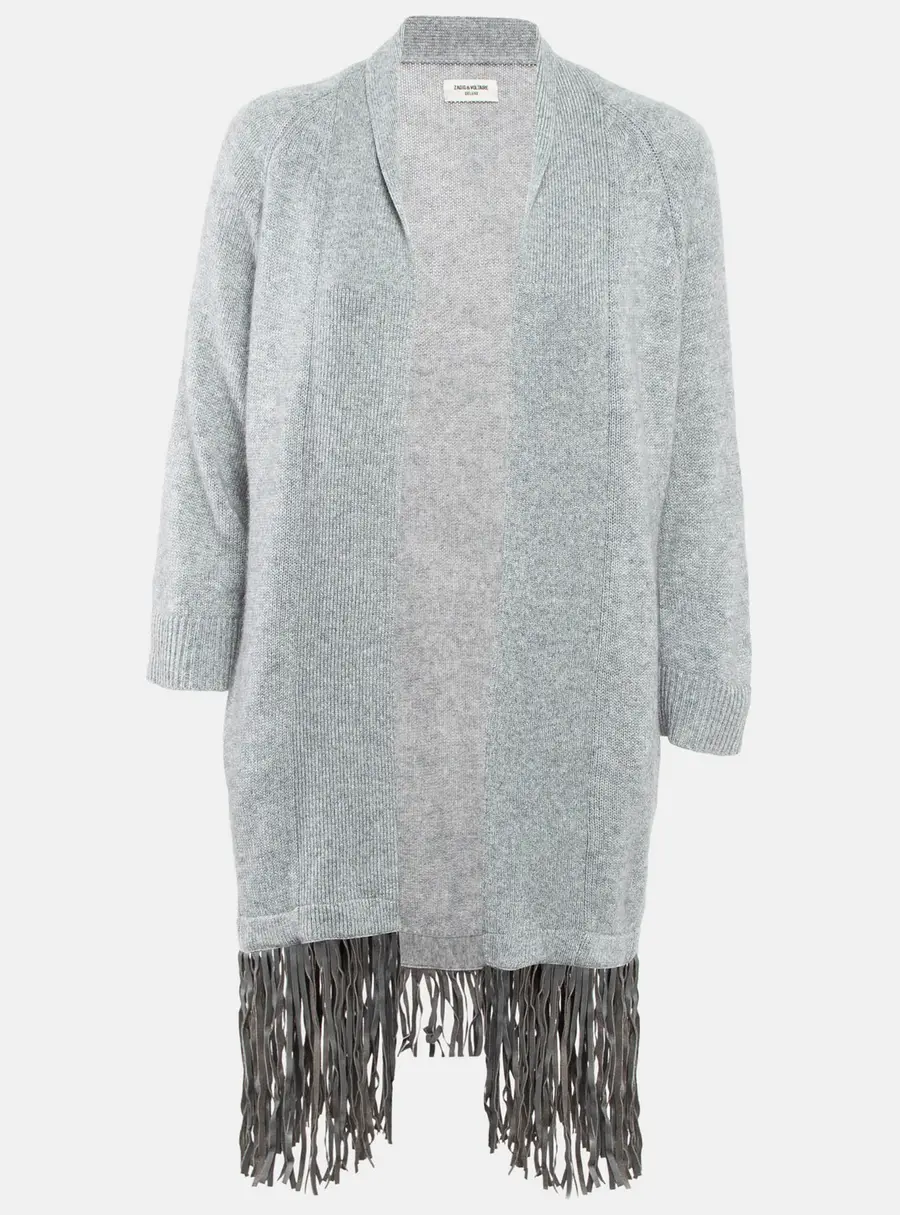 Zadig & Voltaire Delux Grey Cashmere Knit Open Front Fringed Cardigan XS/S
