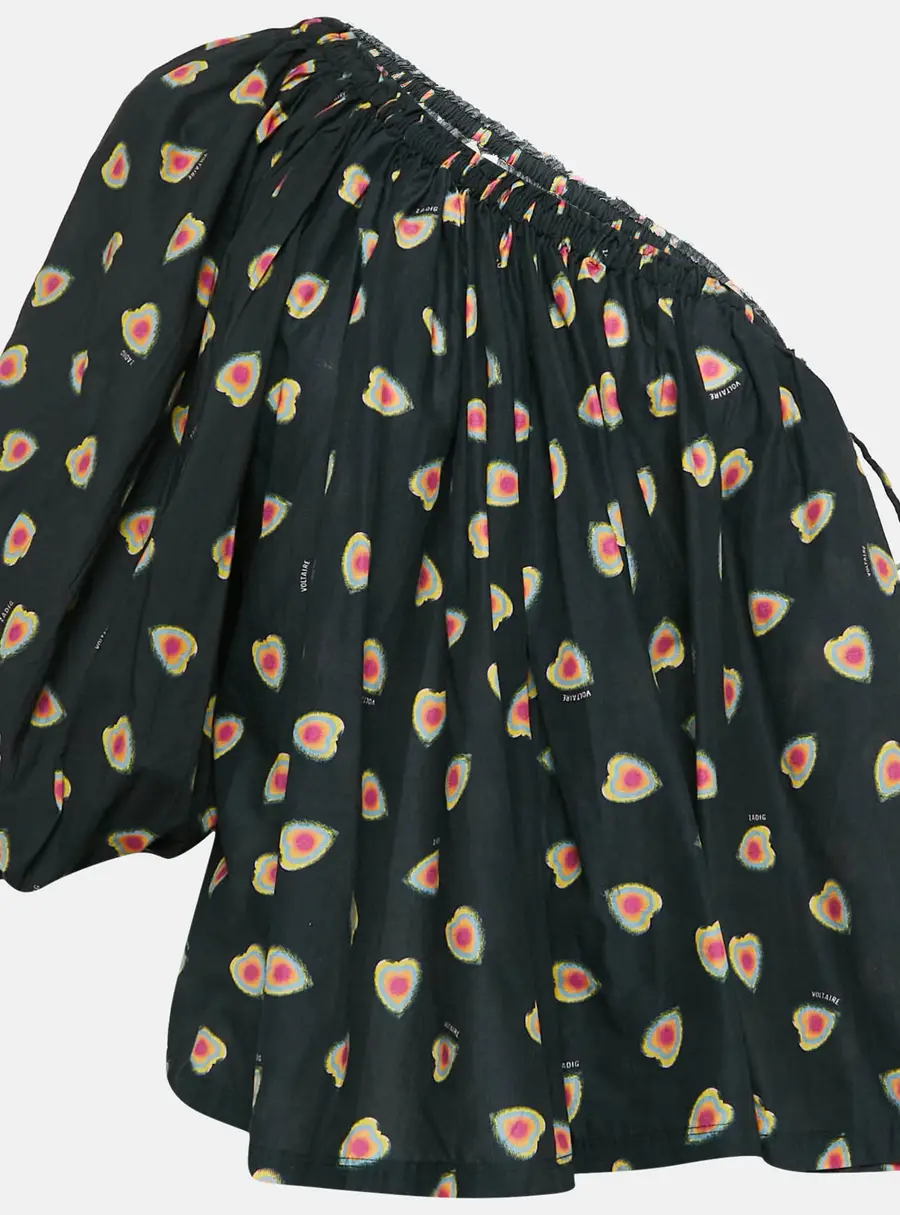 Zadig & Voltaire Black Hearts Print Cotton One Shoulder Coeur Top L