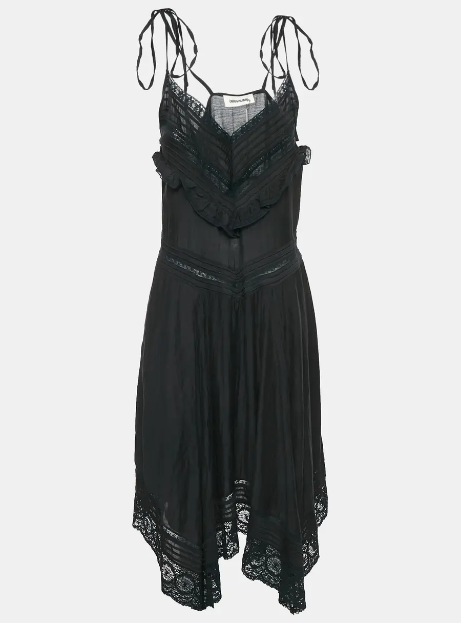 Zadig & Voltaire Black Lace Trim Rilli Cotton Asymmetric Midi Dress M