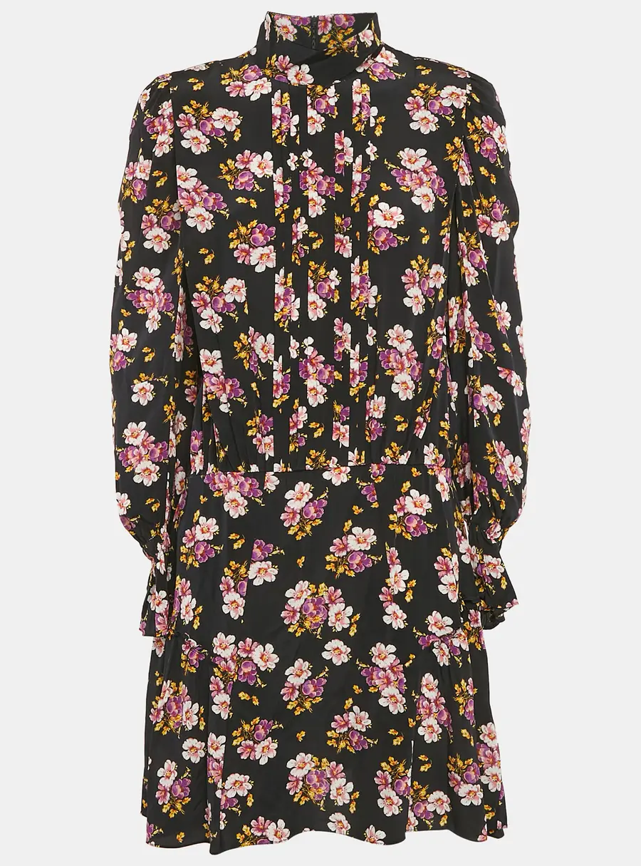 Zadig & Voltaire Black Floral Print Silk Pleated Rabbi Peonies Show Short Dress L
