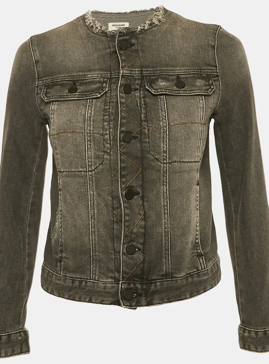 Zadig & Voltaire Grey Distressed Denim Embroidered Kiok Gris Brode Jacket XS