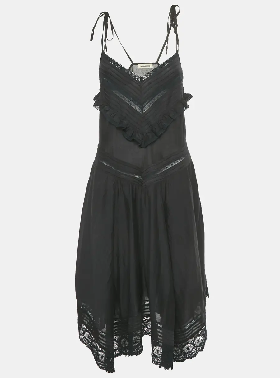 Zadig & Voltaire Black Lace Trim Cotton Rilli Asymmetric Midi Dress S