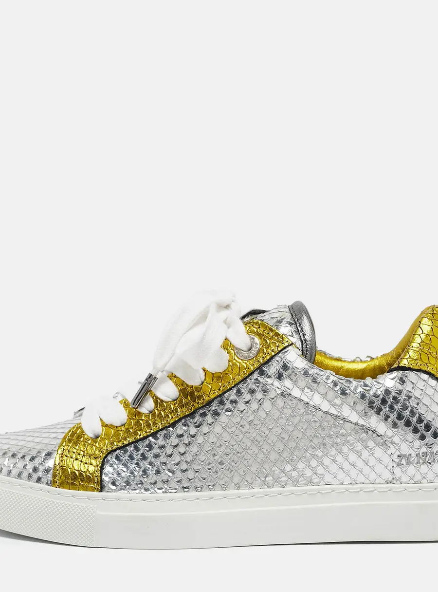 Zadig & Voltaire Silver/Gold Snakeskin Embossed Leather Lace Up Sneakers Size 36