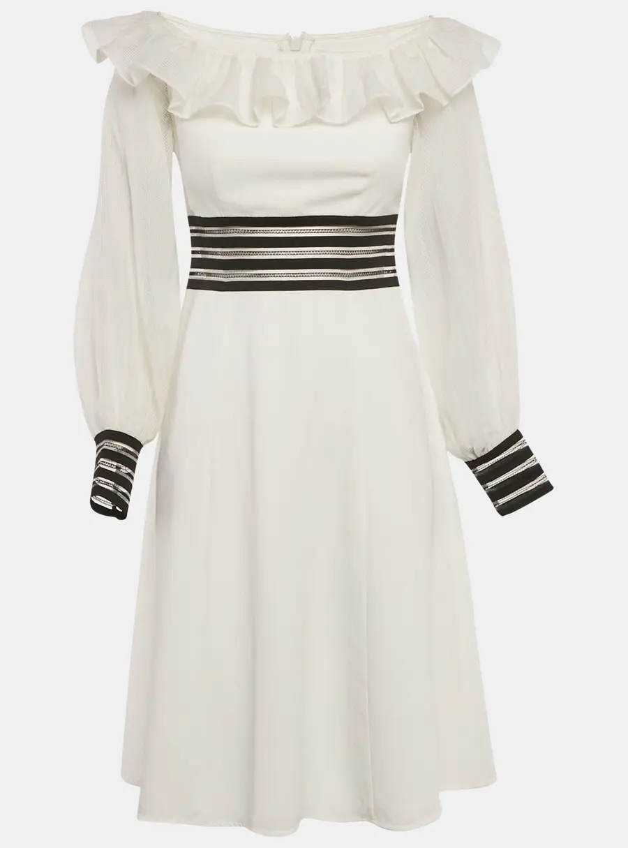 Zayan the Label White Crepe Mesh Detail Sleeve Short Dress S