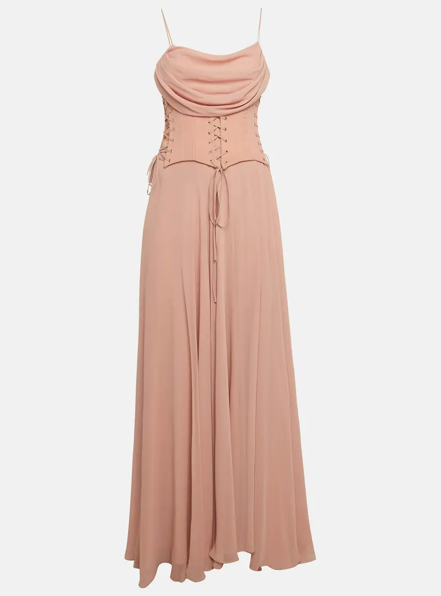 Zeena zaki Peach Crepe Under bust Corset Detail Maxi Dress M