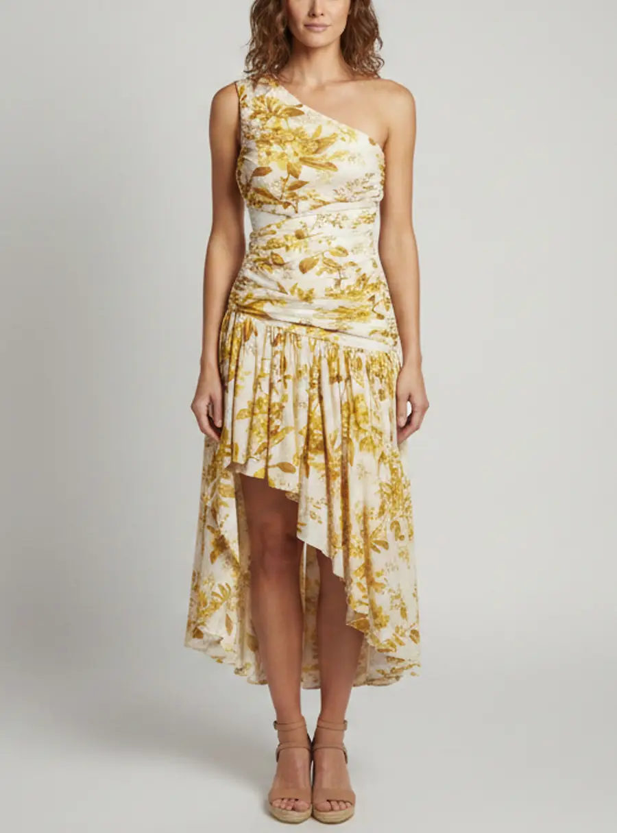 Zimmermann Yellow Floral Print Cotton One-Shoulder Asymmetric Dress XS