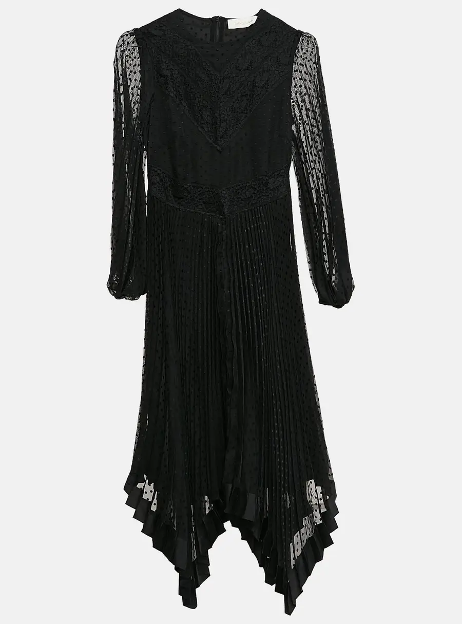 Zimmermann Black Swiss Dots  Lace and Chiffon Plisse Espionage Midi Dress S