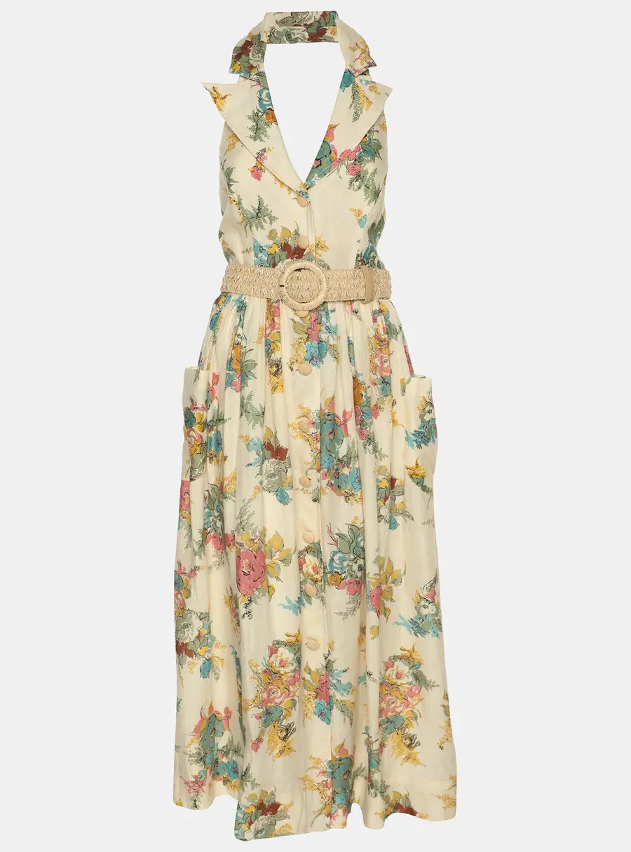 Zimmermann Multicolor Printed Linen Halter Neck Shirt Dress L
